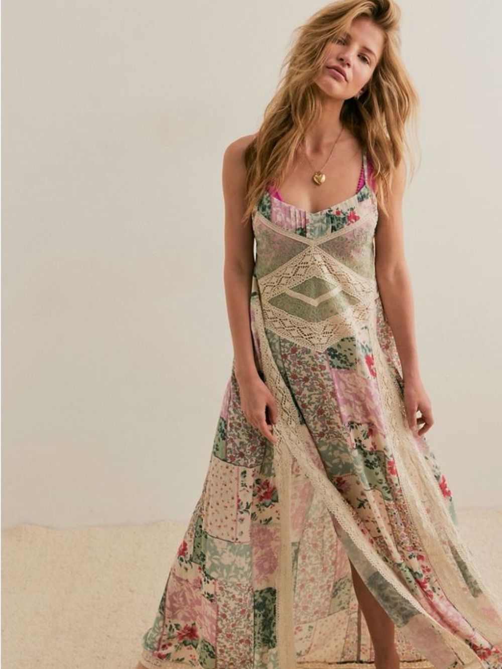 Free People Floral Patchwork Maxi Dress in Cream, Pink & Green